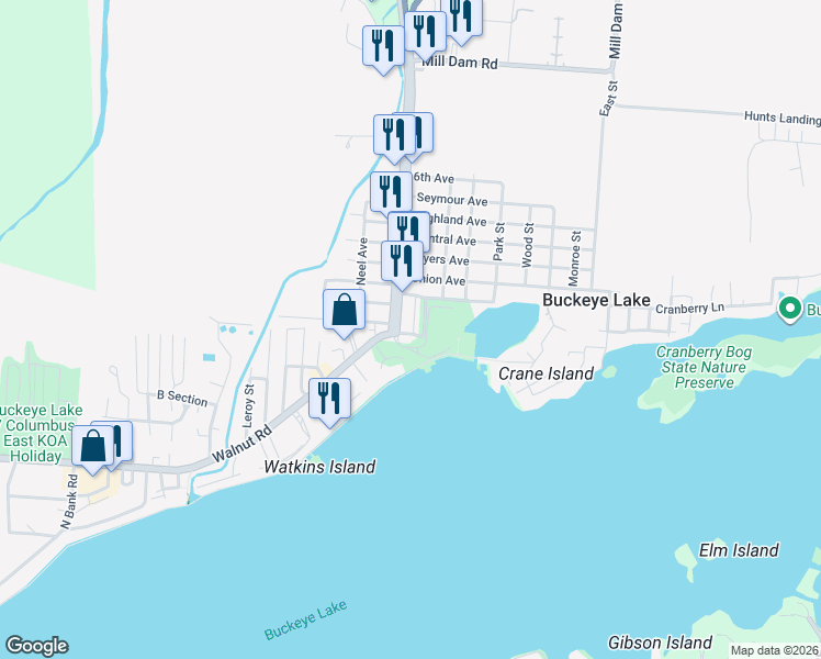 map of restaurants, bars, coffee shops, grocery stores, and more near 69 Mill Street in Buckeye Lake