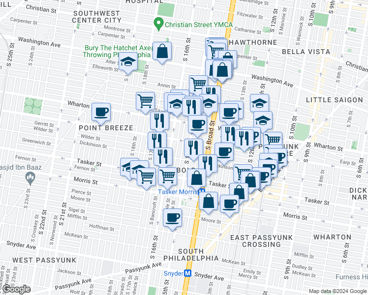 map of restaurants, bars, coffee shops, grocery stores, and more near 1419 South Hicks Street in Philadelphia