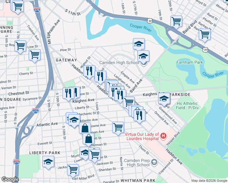 map of restaurants, bars, coffee shops, grocery stores, and more near 1224 Princess Avenue in Camden