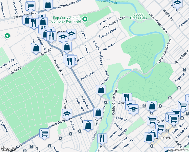 map of restaurants, bars, coffee shops, grocery stores, and more near 808 Cypress Street in Yeadon