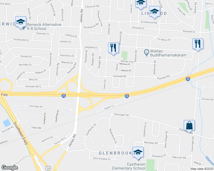 map of restaurants, bars, coffee shops, grocery stores, and more near 1876 Zettler Road in Columbus