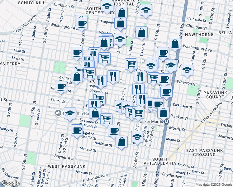 map of restaurants, bars, coffee shops, grocery stores, and more near 1829 Dickinson Street in Philadelphia