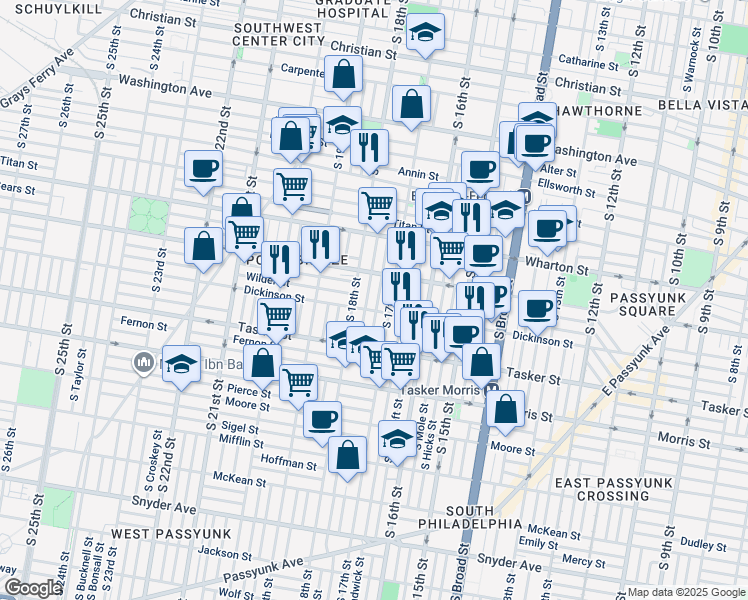 map of restaurants, bars, coffee shops, grocery stores, and more near 1440 South Colorado Street in Philadelphia
