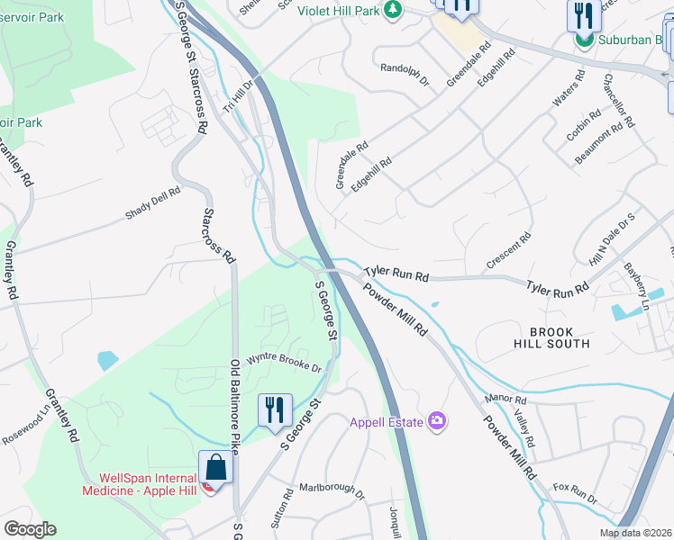 map of restaurants, bars, coffee shops, grocery stores, and more near 1595 South George Street in York