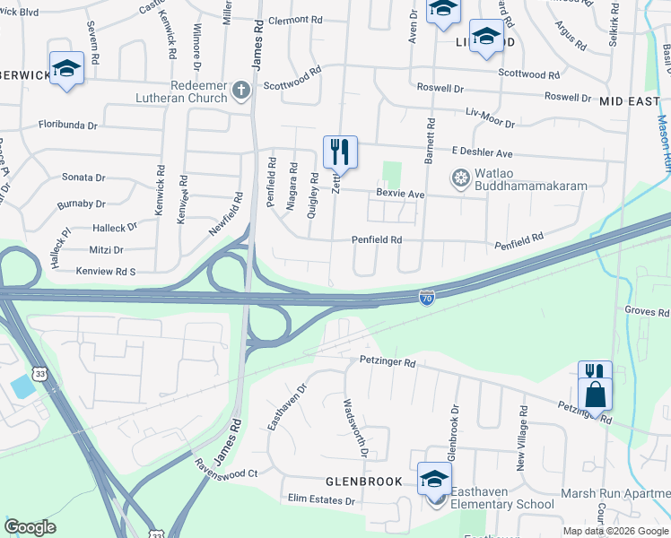 map of restaurants, bars, coffee shops, grocery stores, and more near 1873 Somerset Court West in Columbus