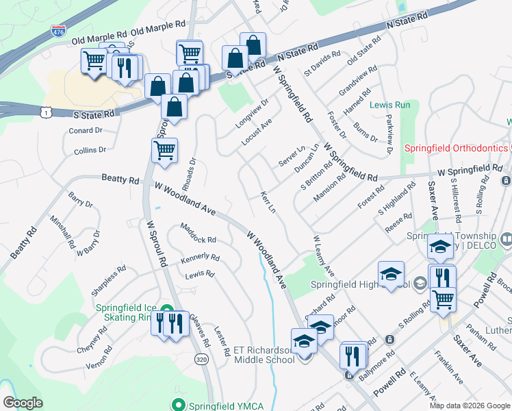 map of restaurants, bars, coffee shops, grocery stores, and more near 101 Duncan Lane in Springfield