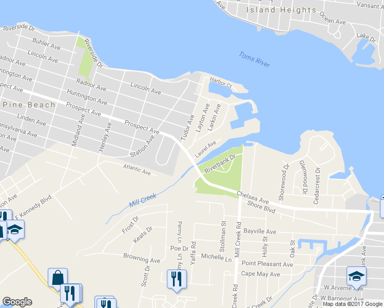 map of restaurants, bars, coffee shops, grocery stores, and more near 1024 Edgebrook Drive East in Toms River