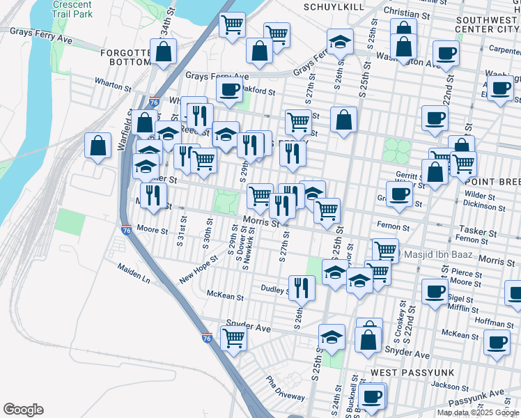 map of restaurants, bars, coffee shops, grocery stores, and more near 1624 South 28th Street in Philadelphia