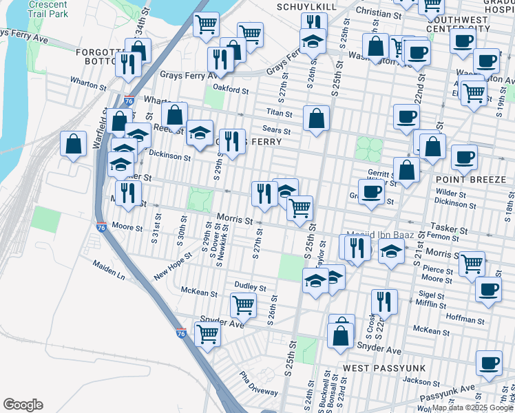 map of restaurants, bars, coffee shops, grocery stores, and more near 1621 South Etting Street in Philadelphia