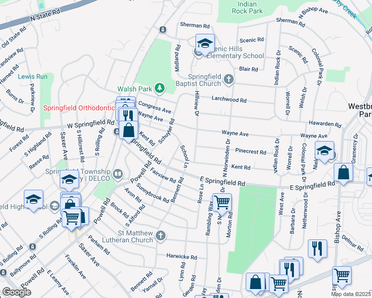 map of restaurants, bars, coffee shops, grocery stores, and more near 247 School Lane in Springfield