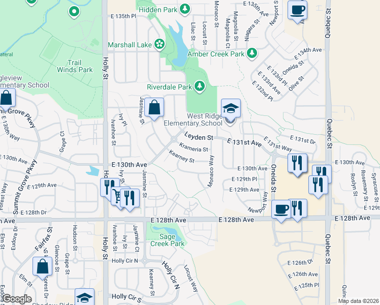 map of restaurants, bars, coffee shops, grocery stores, and more near 12947 Krameria Street in Thornton