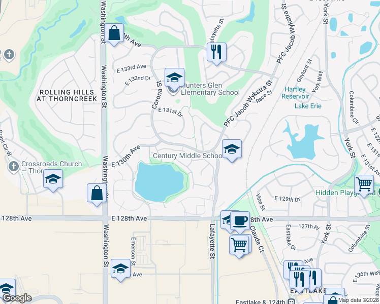 map of restaurants, bars, coffee shops, grocery stores, and more near 1146 East 130th Avenue in Thornton