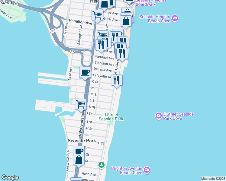map of restaurants, bars, coffee shops, grocery stores, and more near 1401 North Ocean Avenue in Seaside Park