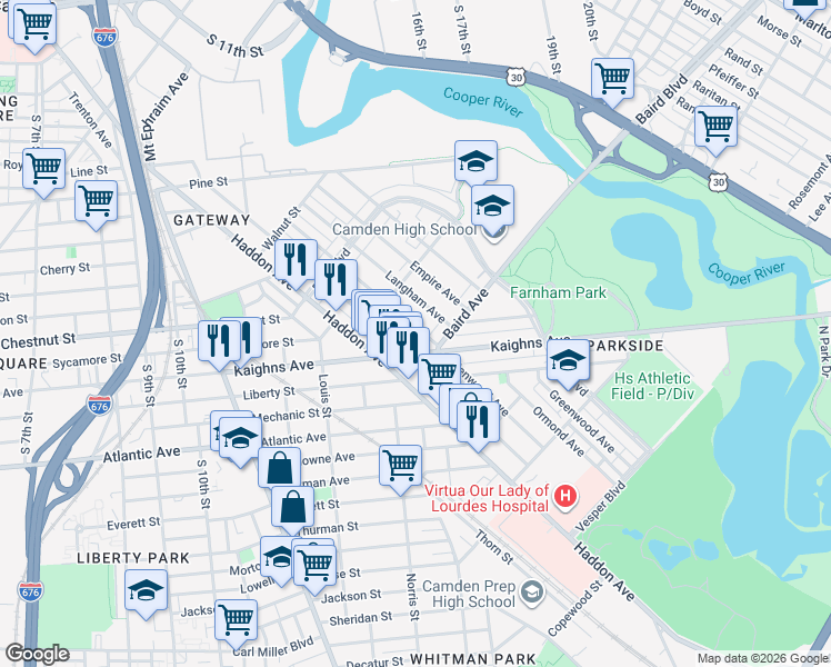 map of restaurants, bars, coffee shops, grocery stores, and more near 1224 Princess Avenue in Camden