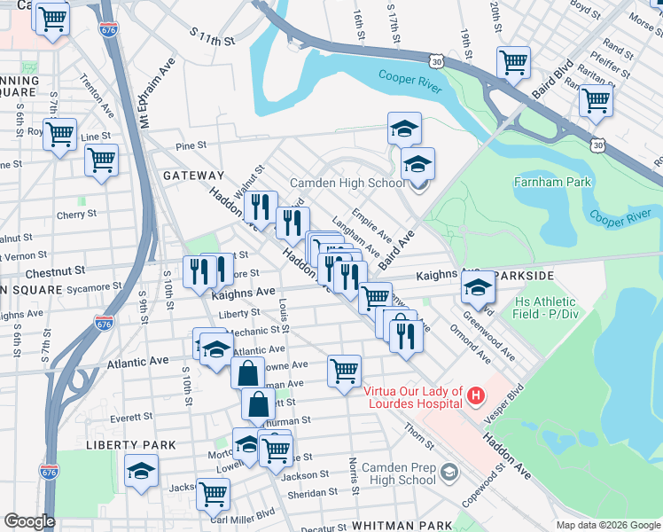 map of restaurants, bars, coffee shops, grocery stores, and more near 1224 Princess Avenue in Camden