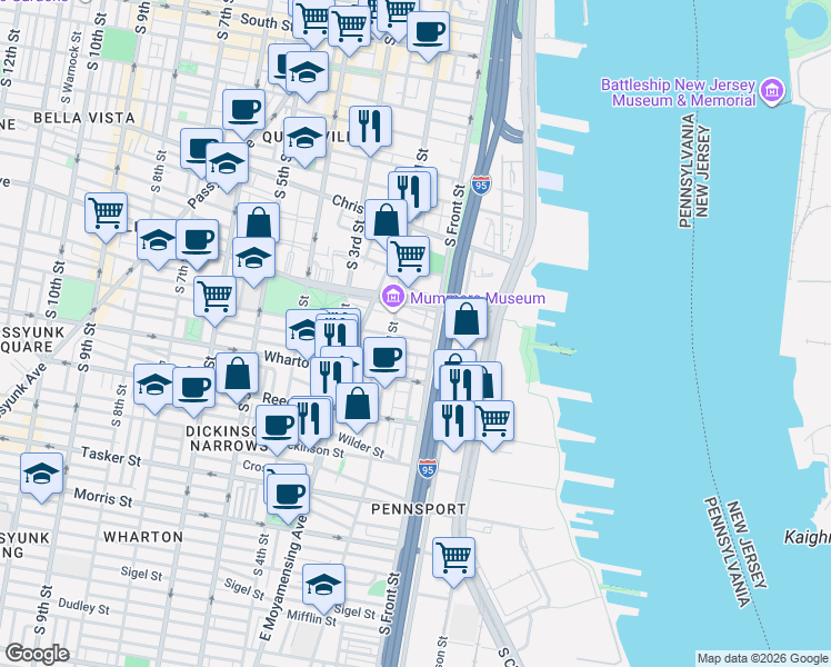 map of restaurants, bars, coffee shops, grocery stores, and more near 130 Ellsworth Street in Philadelphia