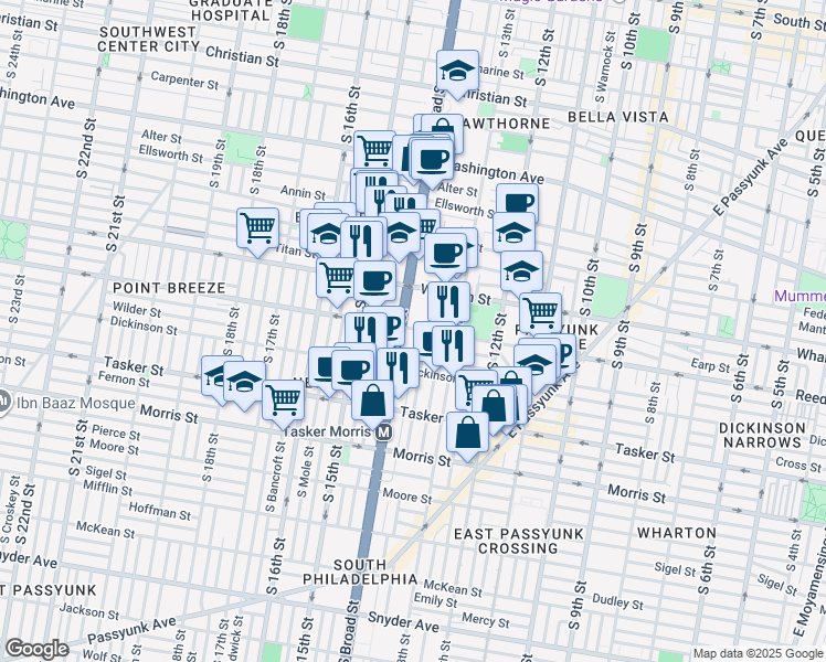 map of restaurants, bars, coffee shops, grocery stores, and more near 1336 South Broad Street in Philadelphia