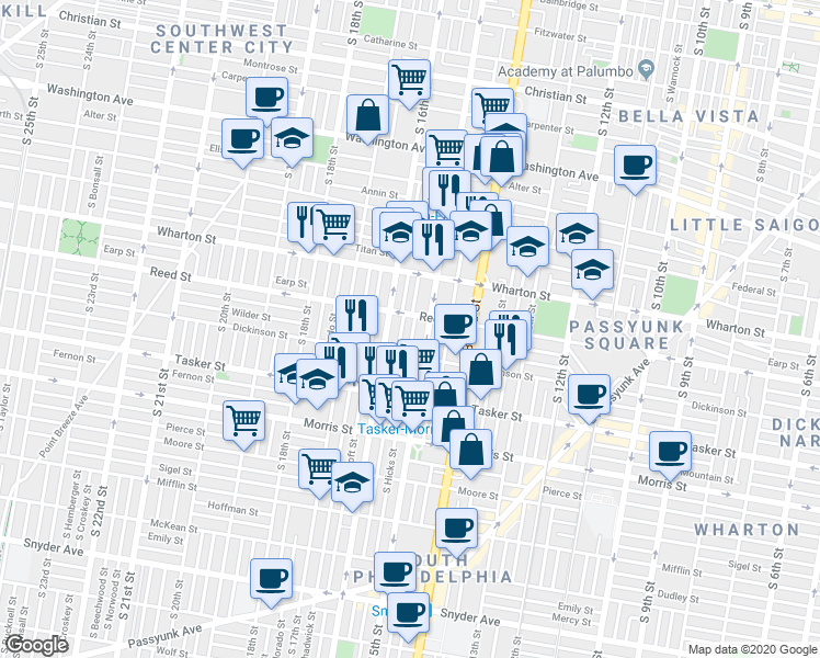 map of restaurants, bars, coffee shops, grocery stores, and more near 1401 South 16th Street in Philadelphia