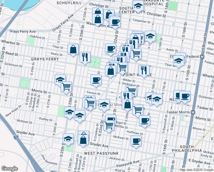 map of restaurants, bars, coffee shops, grocery stores, and more near 1514 South 22nd Street in Philadelphia