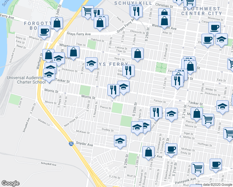 map of restaurants, bars, coffee shops, grocery stores, and more near in Philadelphia