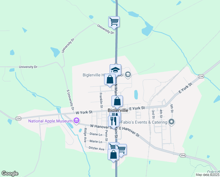 map of restaurants, bars, coffee shops, grocery stores, and more near 104 North Main Street in Biglerville