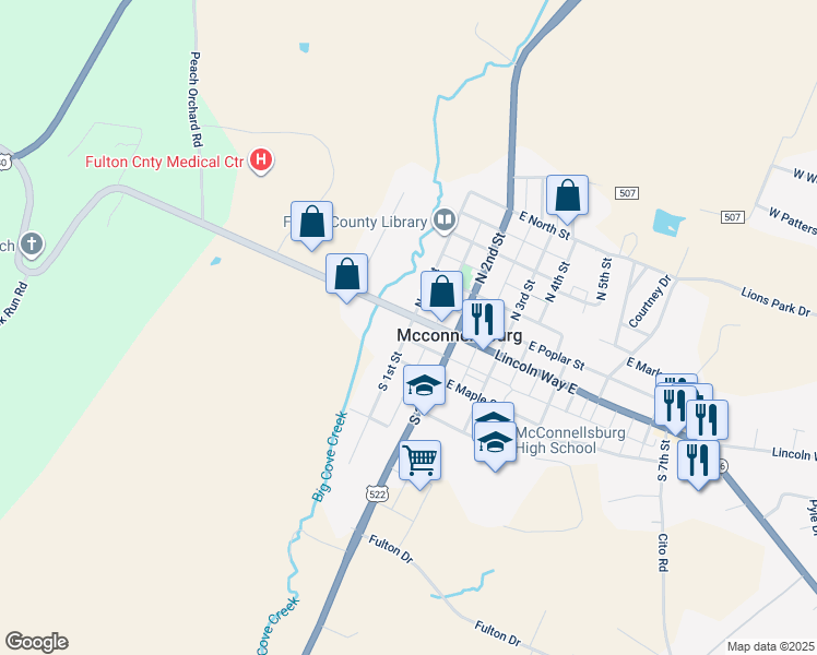 map of restaurants, bars, coffee shops, grocery stores, and more near 215 Lincoln Way West in McConnellsburg