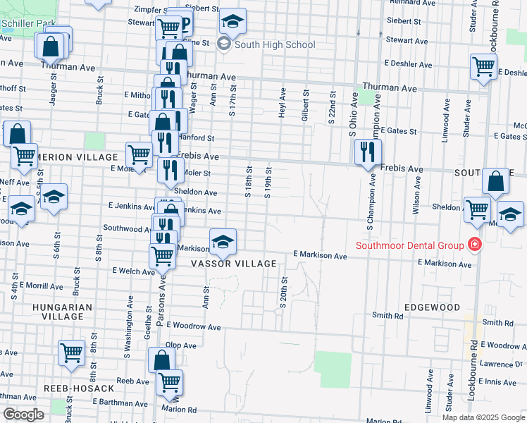 map of restaurants, bars, coffee shops, grocery stores, and more near 646 East Jenkins Avenue in Columbus