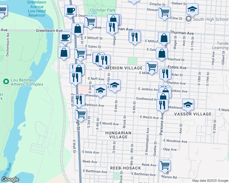 map of restaurants, bars, coffee shops, grocery stores, and more near 211 East Jenkins Avenue in Columbus