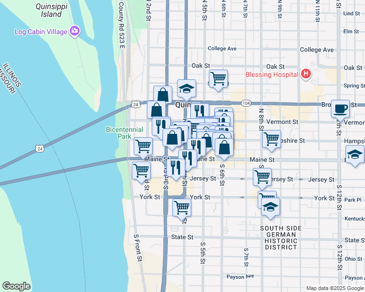 map of restaurants, bars, coffee shops, grocery stores, and more near 131n North 4th Street in Quincy