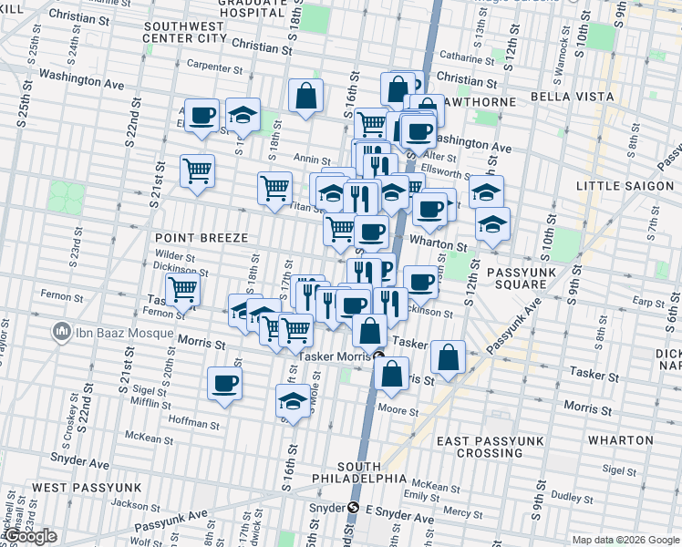 map of restaurants, bars, coffee shops, grocery stores, and more near 1401-35 South 16th Street in Philadelphia