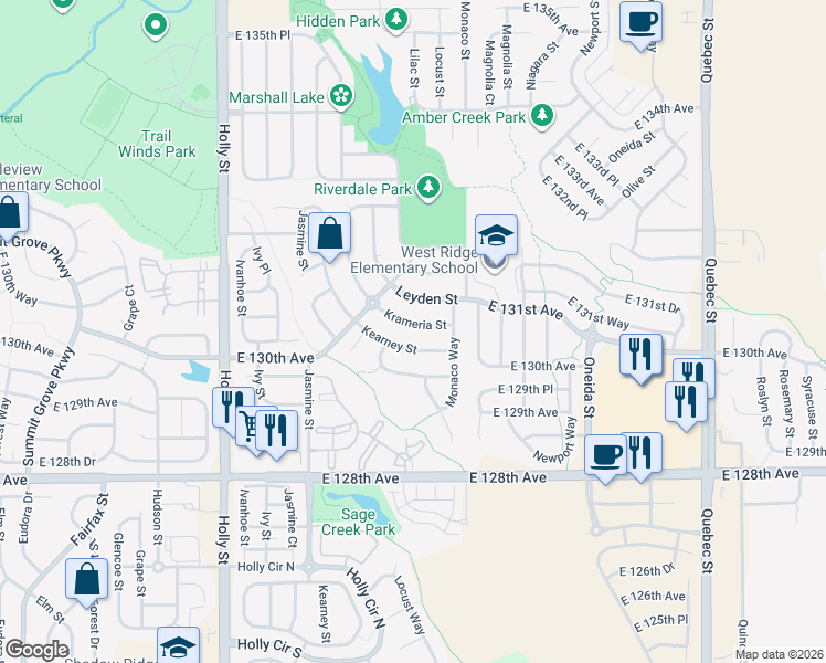 map of restaurants, bars, coffee shops, grocery stores, and more near 12947 Krameria Street in Thornton