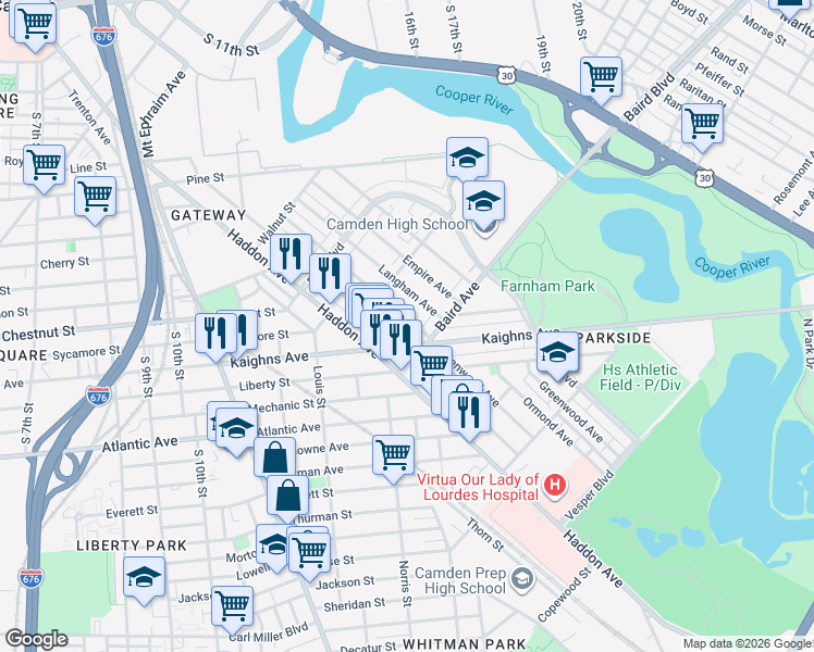 map of restaurants, bars, coffee shops, grocery stores, and more near 1224 Princess Avenue in Camden