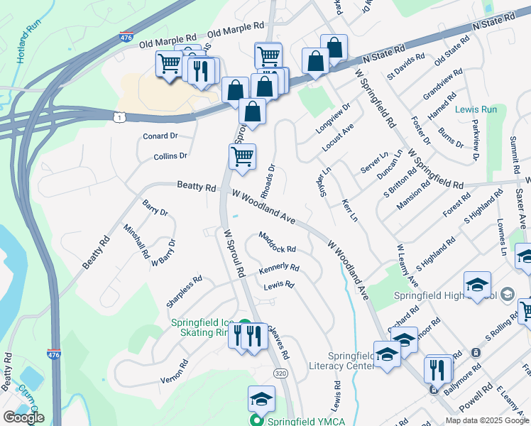 map of restaurants, bars, coffee shops, grocery stores, and more near 600 West Woodland Avenue in Springfield