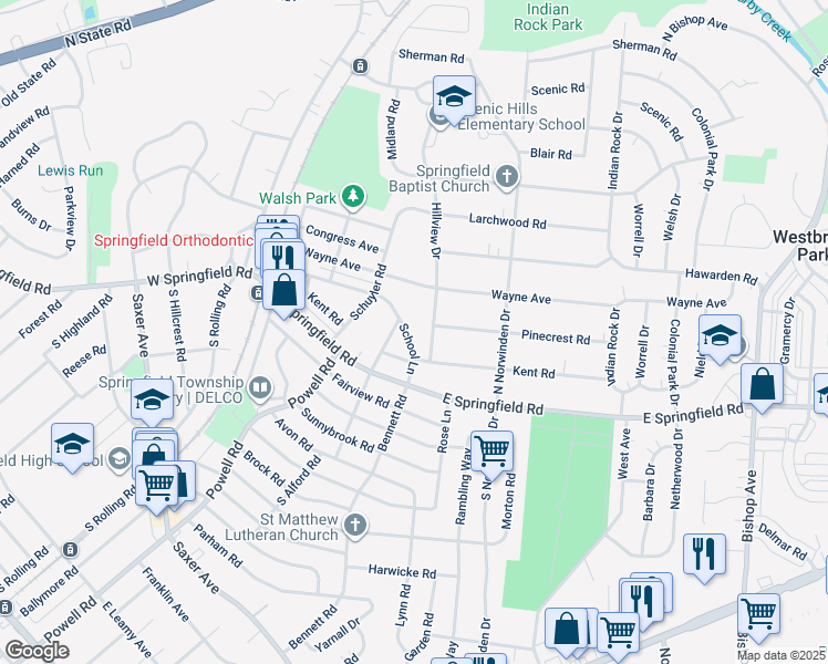 map of restaurants, bars, coffee shops, grocery stores, and more near 247 School Lane in Springfield
