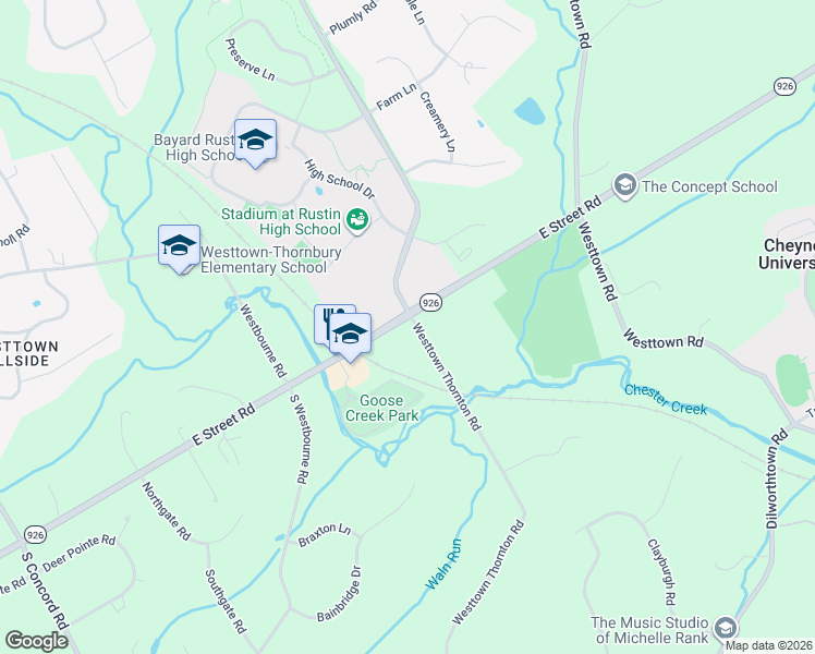 map of restaurants, bars, coffee shops, grocery stores, and more near 880 Pennsylvania 926 in West Chester
