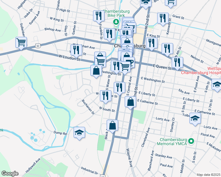 map of restaurants, bars, coffee shops, grocery stores, and more near 76 West Liberty Street in Chambersburg