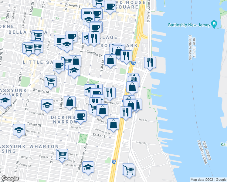 map of restaurants, bars, coffee shops, grocery stores, and more near 141 Federal Street in Philadelphia