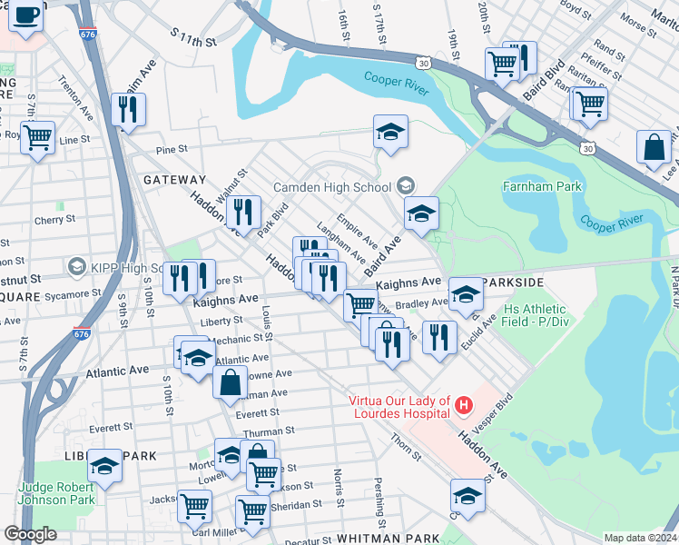 map of restaurants, bars, coffee shops, grocery stores, and more near 1224 Princess Avenue in Camden