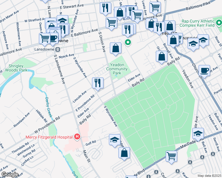 map of restaurants, bars, coffee shops, grocery stores, and more near 137 Elder Avenue in Yeadon