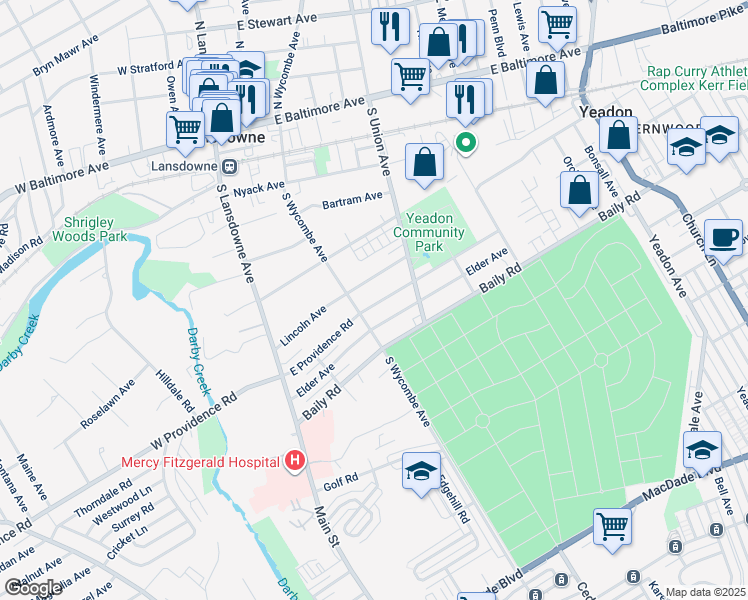 map of restaurants, bars, coffee shops, grocery stores, and more near 111 East Providence Road in Yeadon
