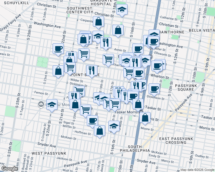 map of restaurants, bars, coffee shops, grocery stores, and more near 1428 South Bouvier Street in Philadelphia