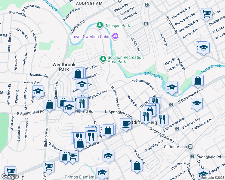 map of restaurants, bars, coffee shops, grocery stores, and more near 7 West Wyncliffe Avenue in Clifton Heights