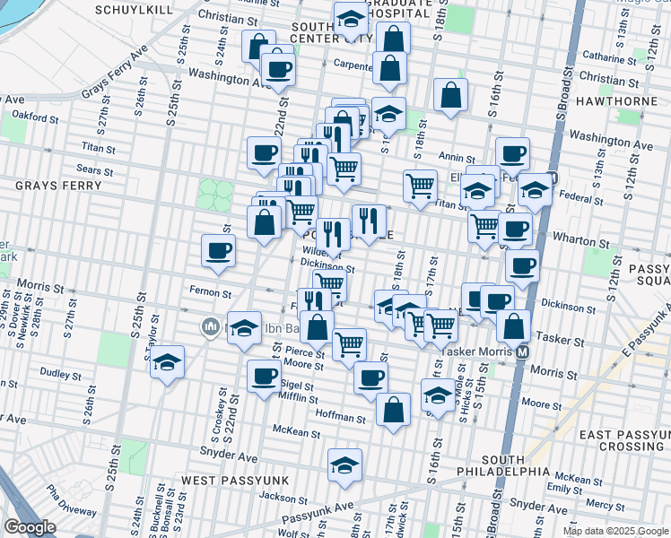 map of restaurants, bars, coffee shops, grocery stores, and more near 1501 South 20th Street in Philadelphia