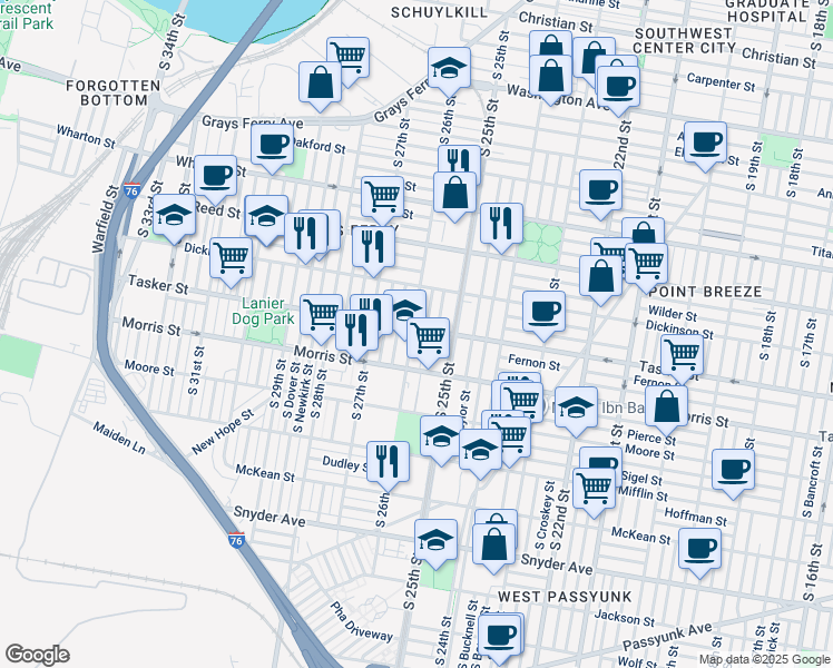 map of restaurants, bars, coffee shops, grocery stores, and more near 2536 Tasker Street in Philadelphia