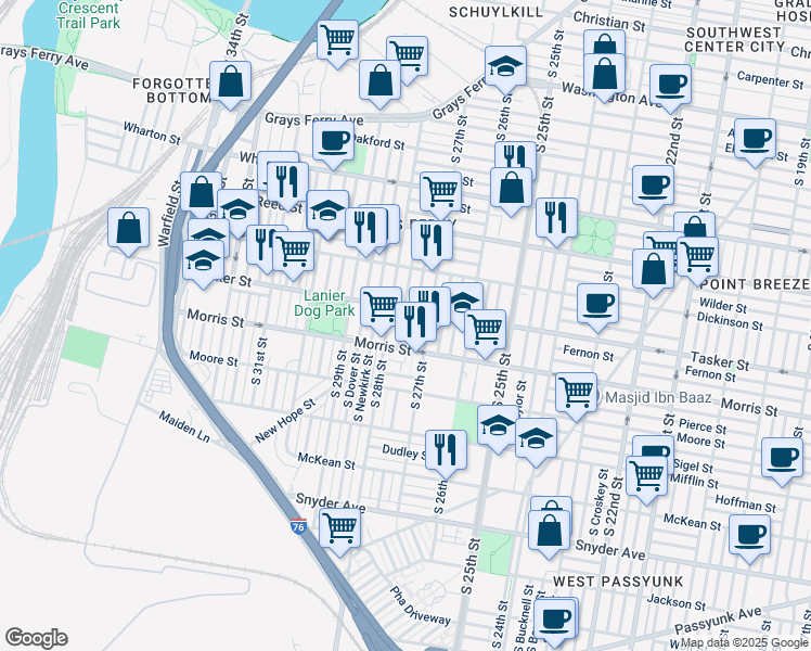 map of restaurants, bars, coffee shops, grocery stores, and more near 1623 North Marston Street in Philadelphia