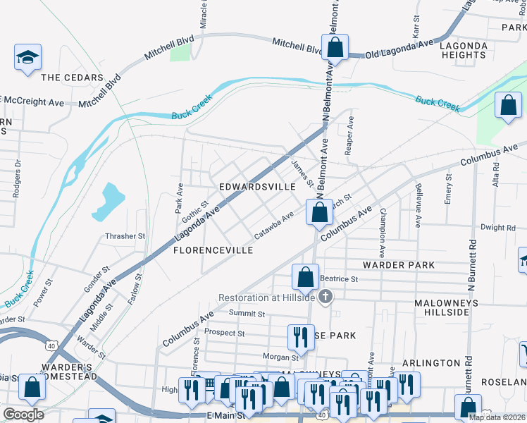 map of restaurants, bars, coffee shops, grocery stores, and more near 1676 Edwards Avenue in Springfield