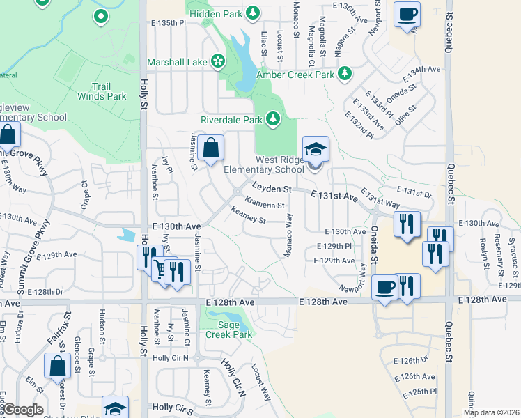 map of restaurants, bars, coffee shops, grocery stores, and more near 12947 Krameria Street in Thornton