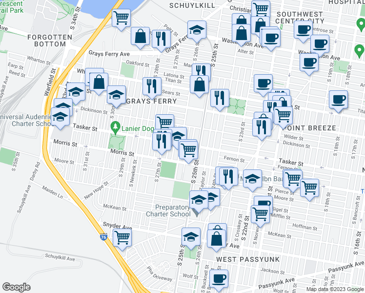 map of restaurants, bars, coffee shops, grocery stores, and more near 2536 Tasker Street in Philadelphia