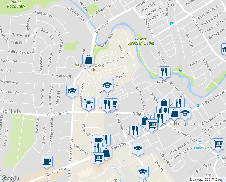 map of restaurants, bars, coffee shops, grocery stores, and more near 259 Woodbridge Road in Clifton Heights
