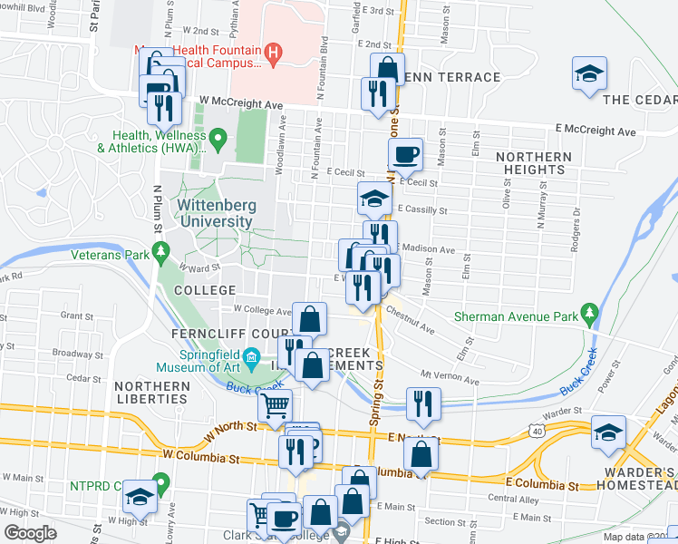 map of restaurants, bars, coffee shops, grocery stores, and more near 40 East Ward Street in Springfield